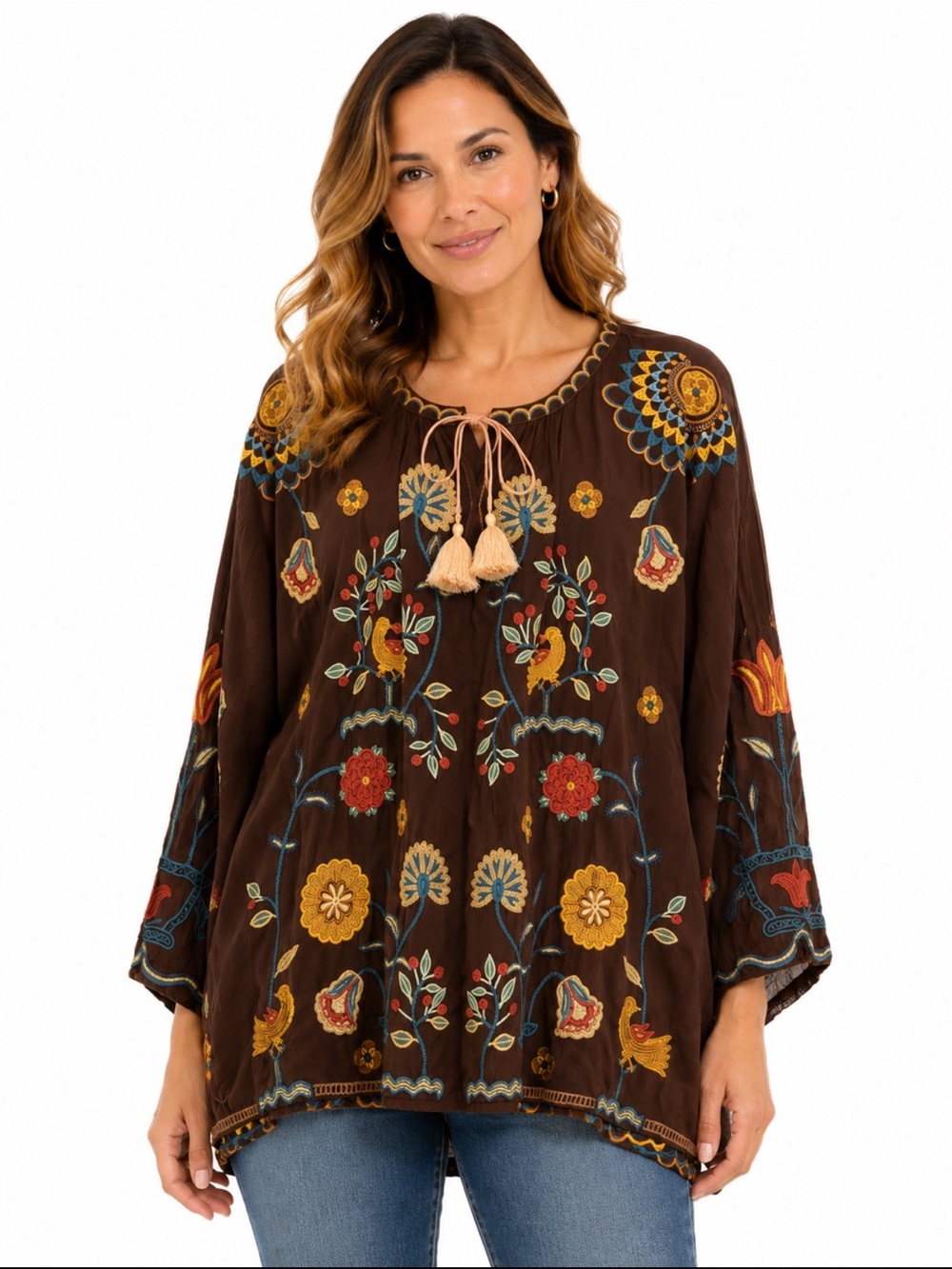 Johnny Was Brown Embroidered Boho Tunic Blouse XL Cupra Rayon
